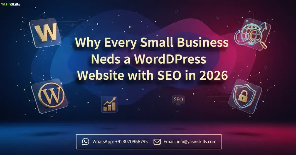Why Every Small Business Needs a WordPress Website with SEO in 2026." Features premium gold WordPress and SEO icons on a dark blue and magenta abstract background with a sleek, futuristic, fintech-style design.